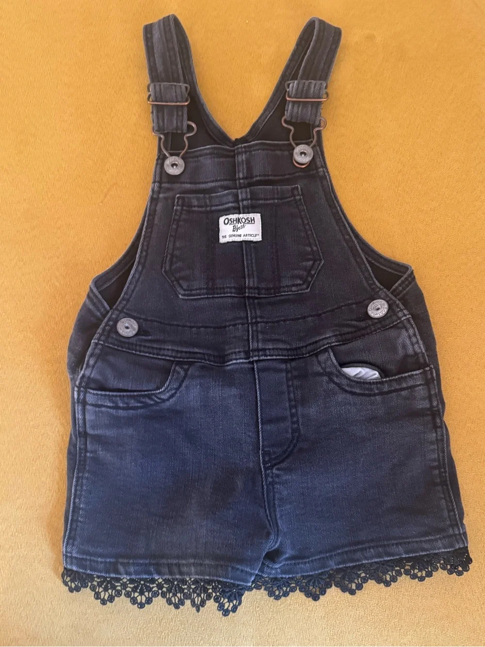 OshKosh B'gosh Black Denim Lace-Trim Short Overalls